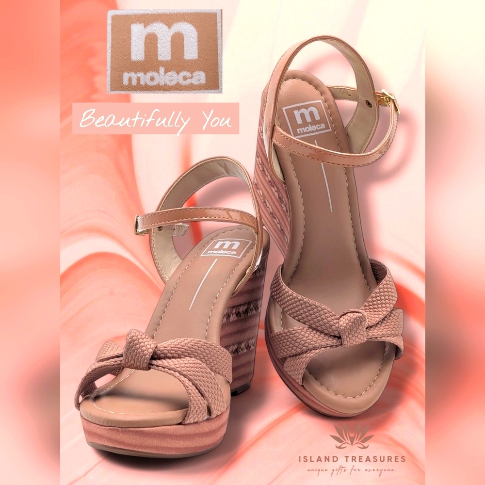 NEW Moleca Wedge Platform Sandals Women Size US 8 /EU 39 Nude/Pink Gold Buckles